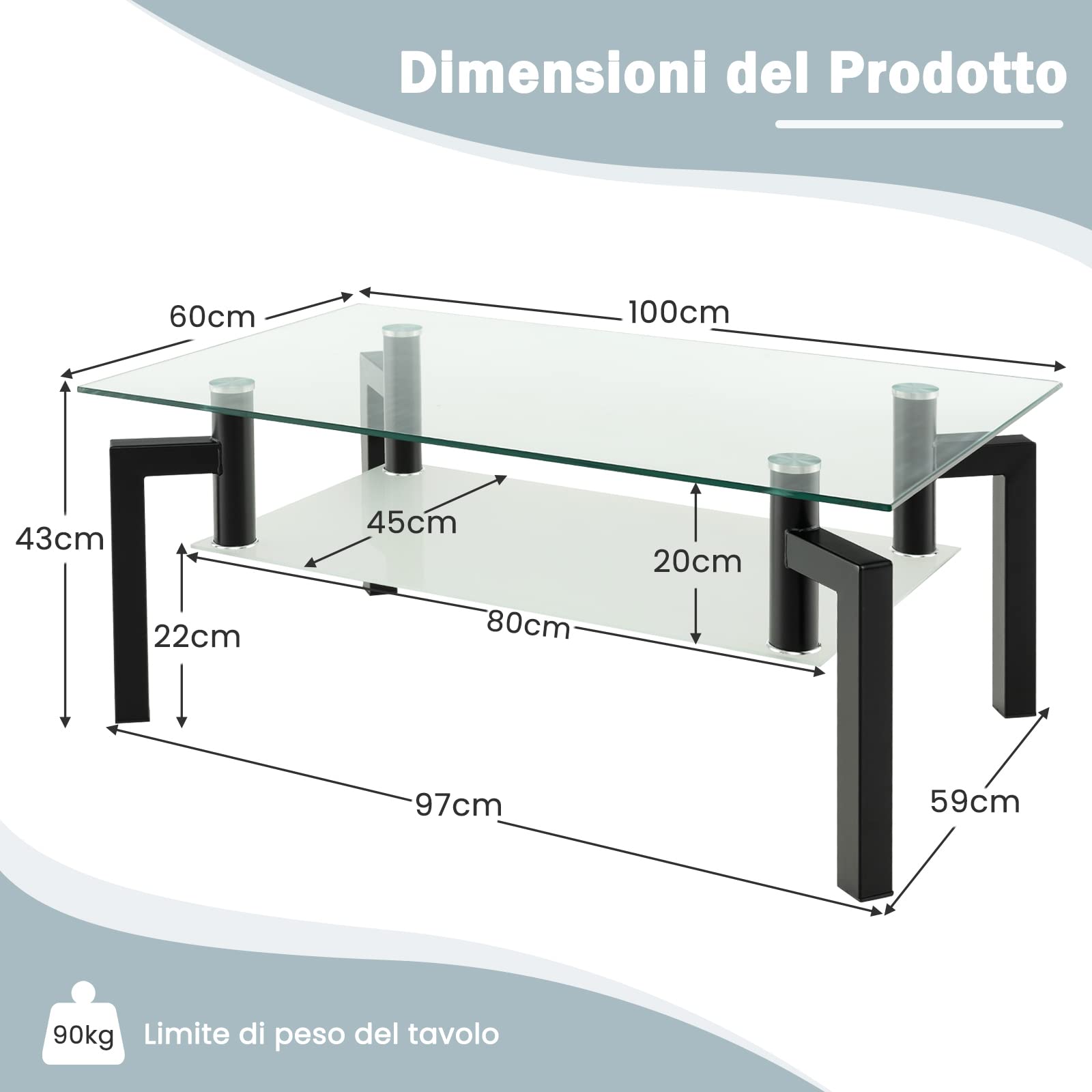 COSTWAY Tavolino da Salotto in Vetro Temperato Moderno, Tavolo Basso Rettangolare a 2 Livelli con Struttura in Metallo, Tavolino da Caffè per Soggiorno e Ufficio, 100 x 60 x 43 cm