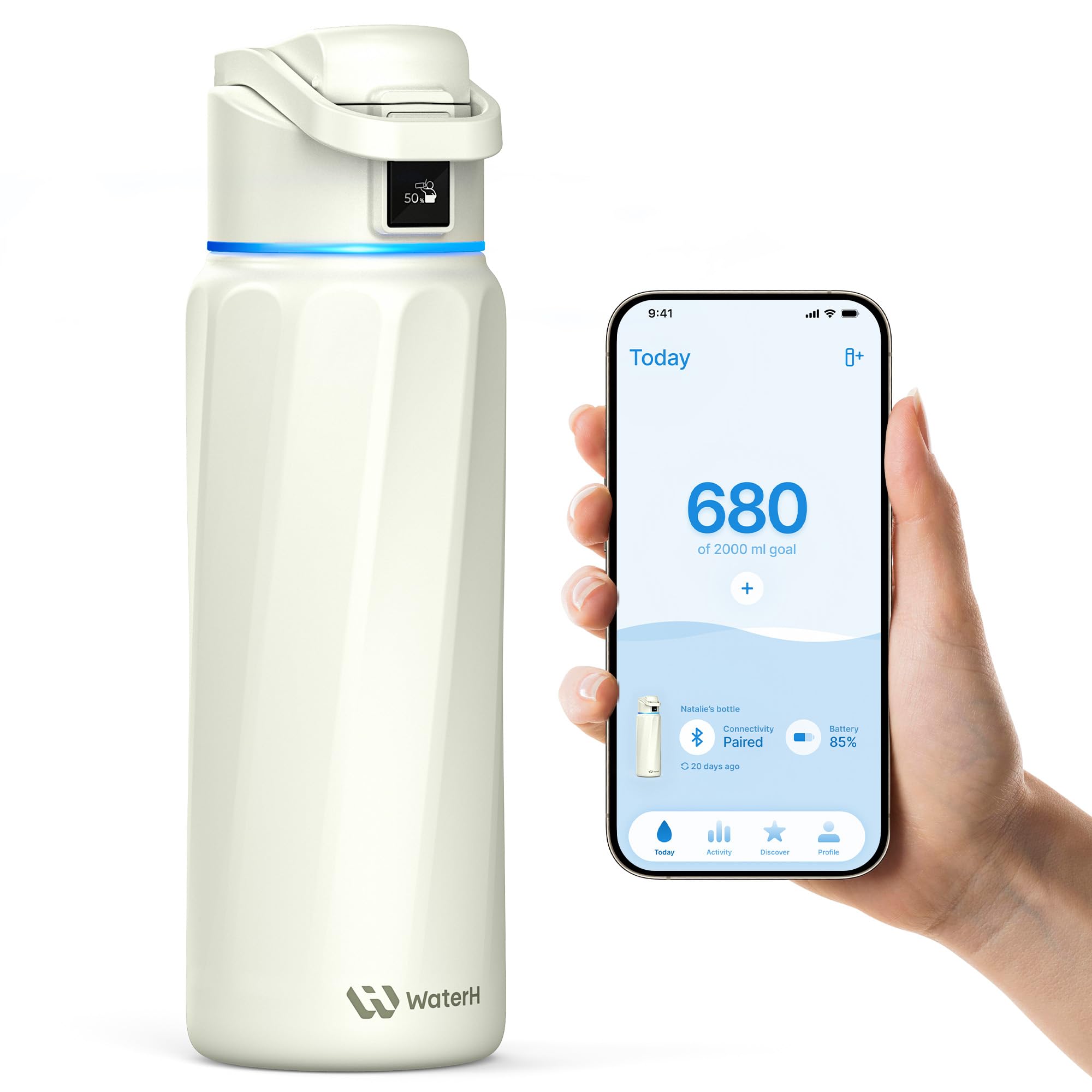 Waterh White Boost Smart Water Bottle Tracker With Reminder To Drink Water, 946Ml