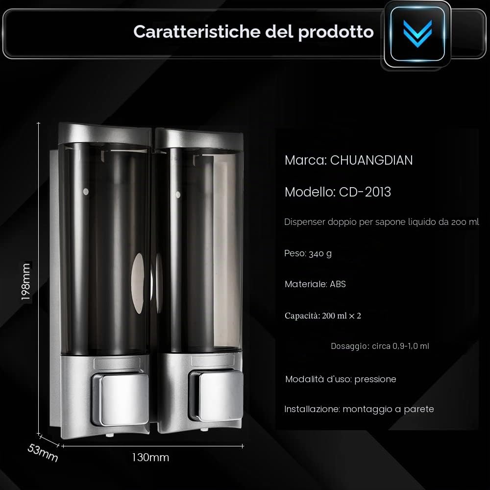 Decdeal 200mlx2 Dispenser di sapone manuale,Montaggio a parete Shampoo liquido doppio Dispenser doccia Detergente per mani Dispenser per lozione da bagno per bagno Hotel bagno