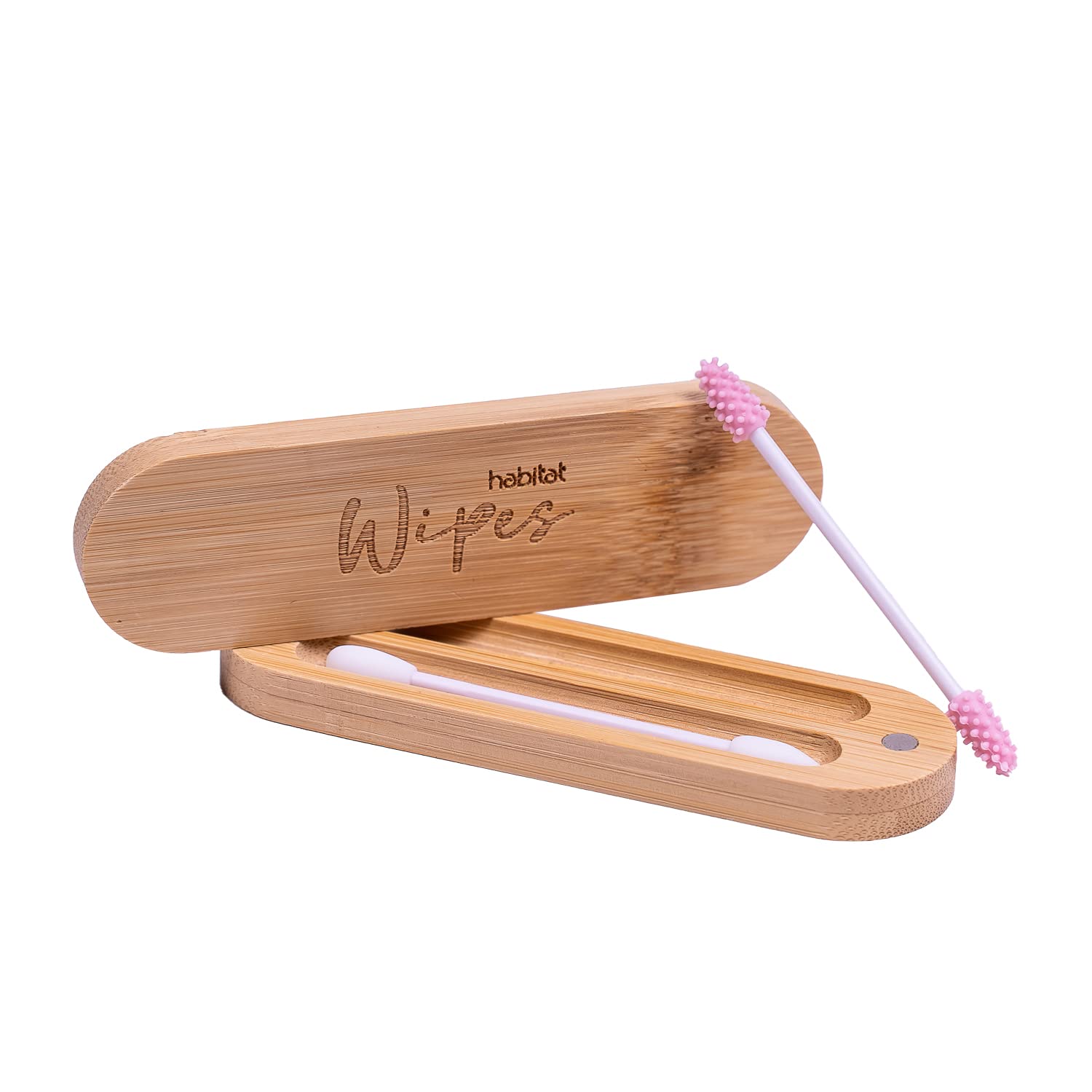 Habitat Wipes - Cotton Fioc Riutilizzabili per orecchie e per make-up in Scatola di bambu - Materiale Ecologico in Silicone Reusable Biodegradabili Lavabili Eco-Friendly - Rosa e Bianco