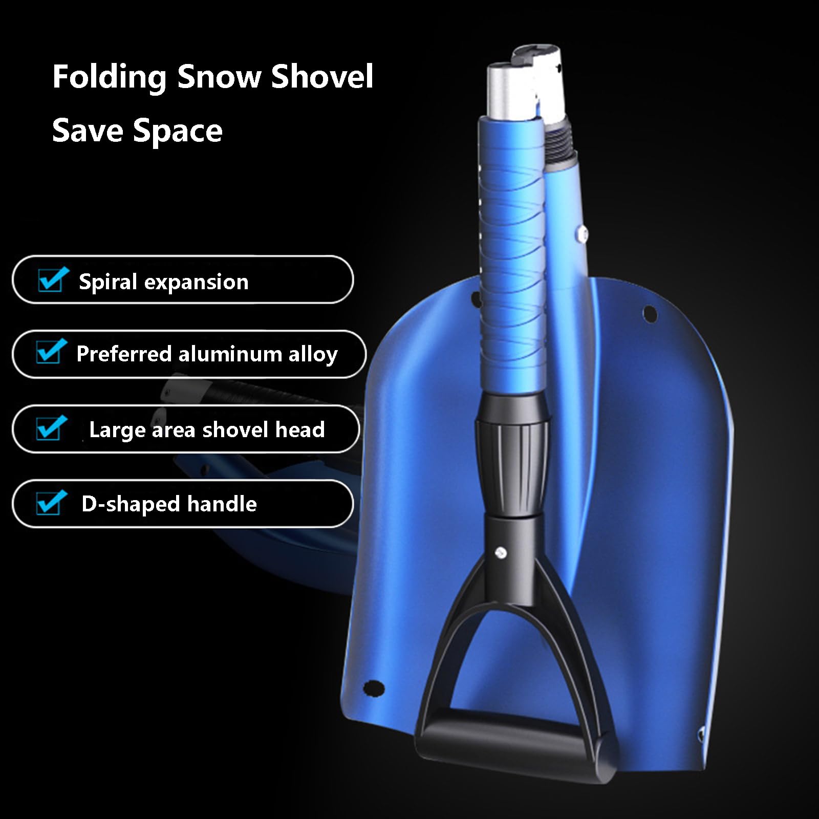 JOCHEN Pala de Nieve Plegable para Coche, Pala quitanieves portátil de Emergencia con Mango ergonómico en Forma de D y Mango retráctil de Aluminio para Maletero de Coche, Motos de Nieve, Camping
