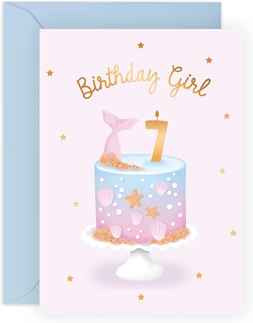 Central 23 Seventh Birthday Card for Girls - Happy 7th Birthday Card - Age 7 - Seven Year Old - Cute Pastel Pink Blue Mermaid Shells - Kids Daughter - Granddaughter - Comes With Fun Stickers