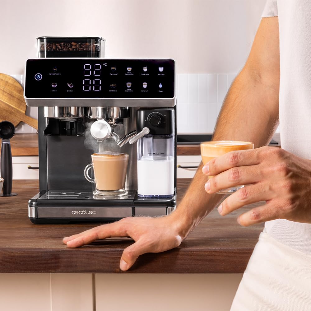 Cecotec Barista Power Espresso 20 Barista Grind & Latte Kaffeemaschine, 1350 W, 20 bar, konische Mühle, 2,6 l Wassertank, 100 g Kaffee und 500 ml Milch, Touchscreen, Selbstreinigung, personalisierbar