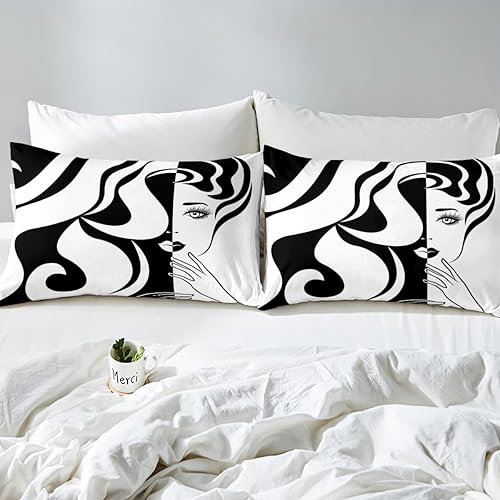 Miniatura 5 de Erosebridal Juego de ropa de cama de arte abstracto, funda de edredón en blanco y negro, funda de edredón geométrica a rayas, tamaño individual,