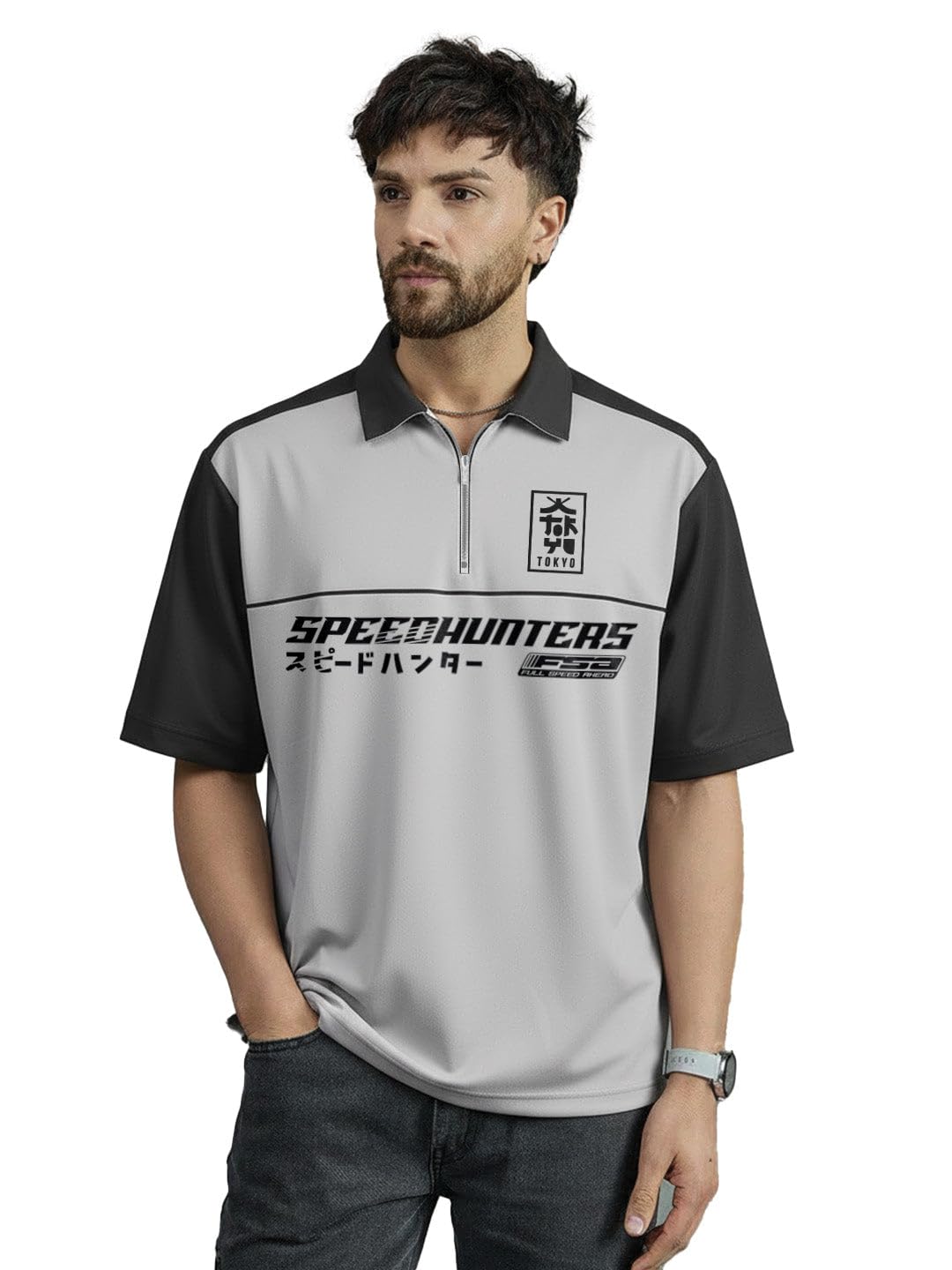 Speed Hunters Oversized Polo T-Shirt - Black & Lt.Grey-image-24