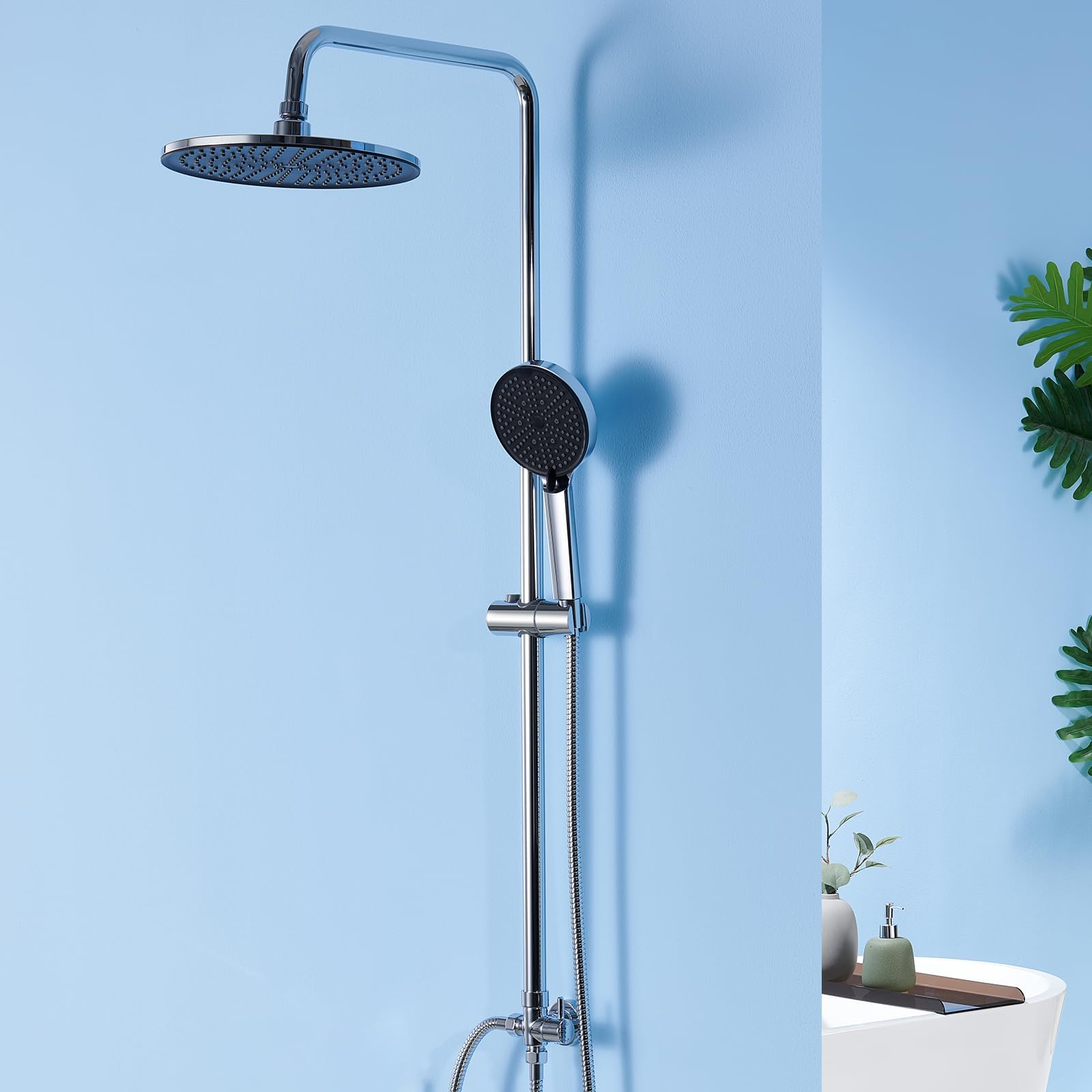 Auralum Regendusche ohne Armatur, Duscharmatur Set mit Ø 250 mm Runder Regendusche, 4 Strahlarten Duschkopf und Höhenverstellbarer Duschstange, Duschsystem ohne Armatur ideal zum Nachrüsten Chrom
