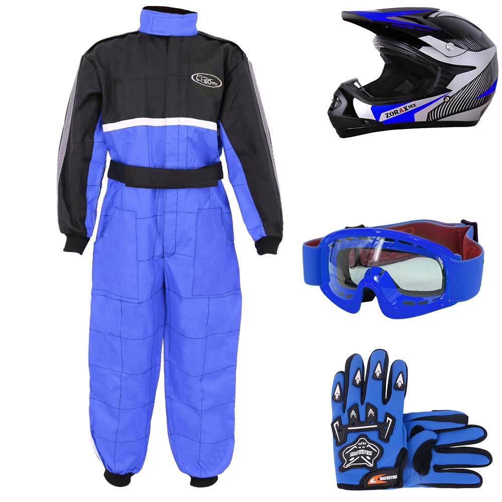Zorax ZOR-X19 Blue (S 49-50cm) Kids Motocross Motorbike Helmet + Gloves (S 5cm) + Goggles + Leopard Suit (M 7-8 Yrs), for Boys Girls Quad Birt Bike Racing Karting