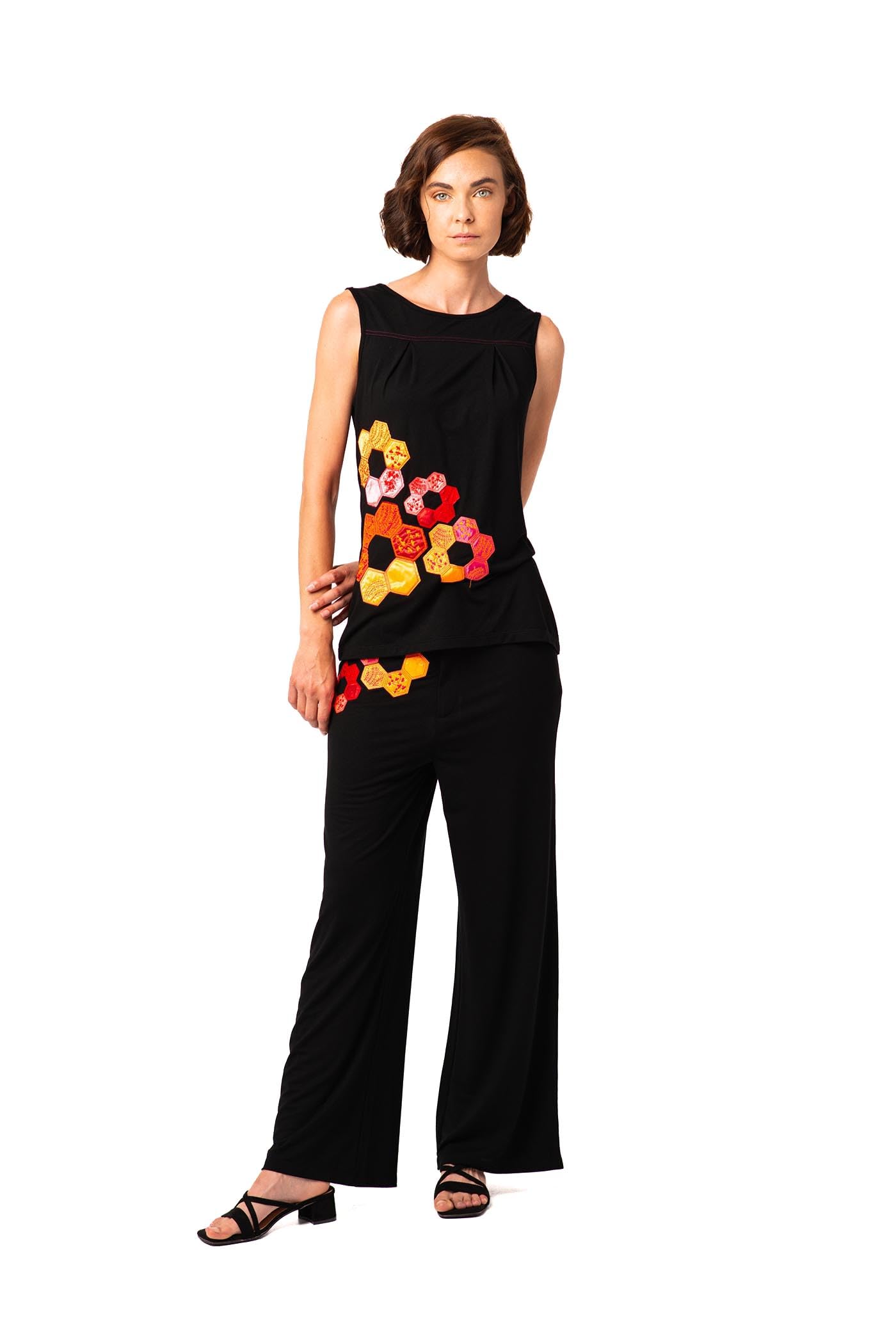 Mamatayoe Top Arte para Mujer – Top Negro sin Mangas para Eventos con Aplicaciones Bordadas, Tallas S-XXL