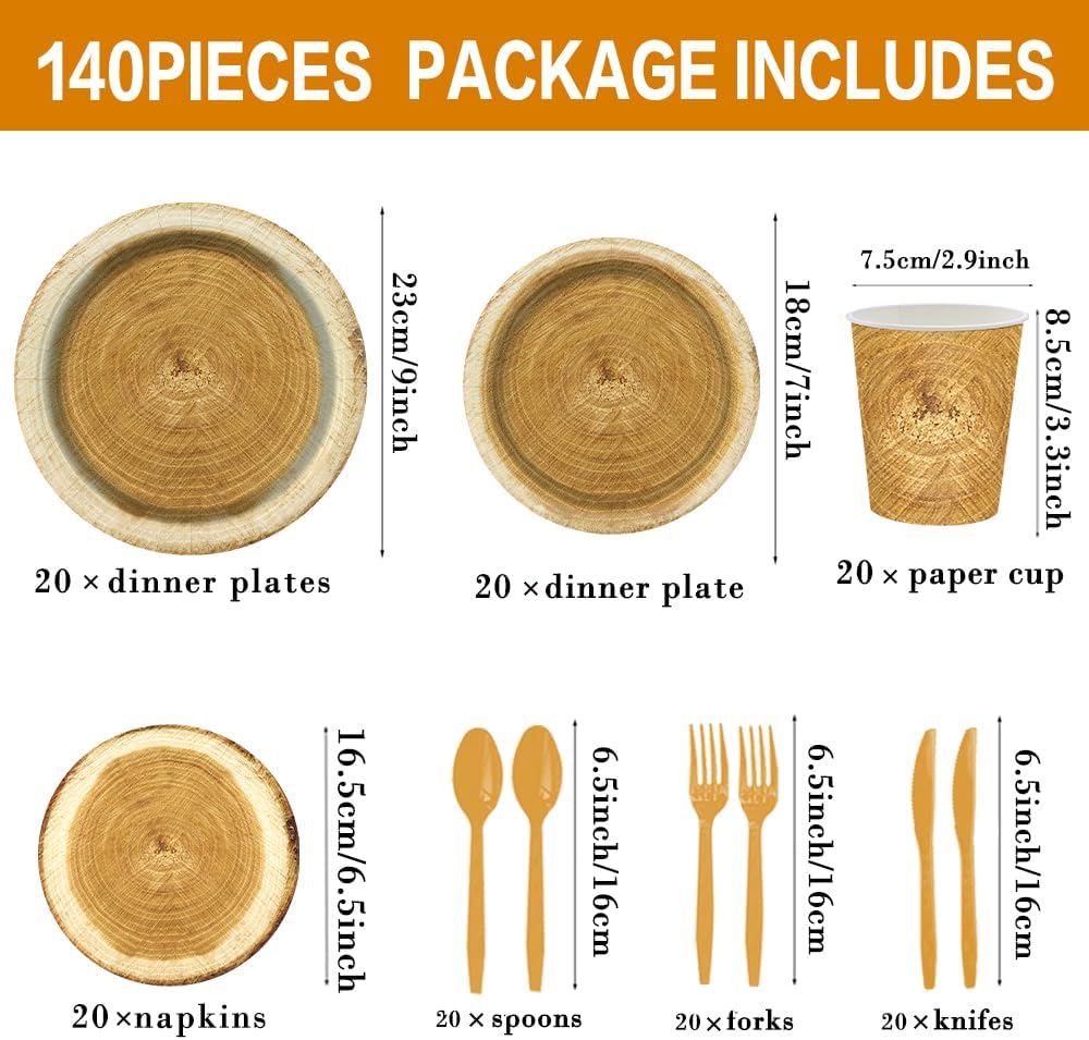 140Pcs Wood Grain Slice Tableware Set Rustic Wood Party Supplies Plates and Napkins Camping Birthday Party Decorations Paper Plates, Serve for 20 Guest