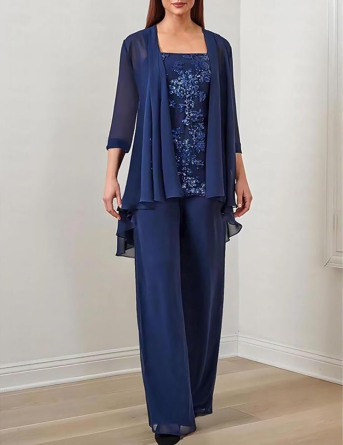 Mother of The Bride Pant Suits for Women Dressy - 3 Pcs Lace Applique Formal Wedding Gust Pantsuits with Jacket