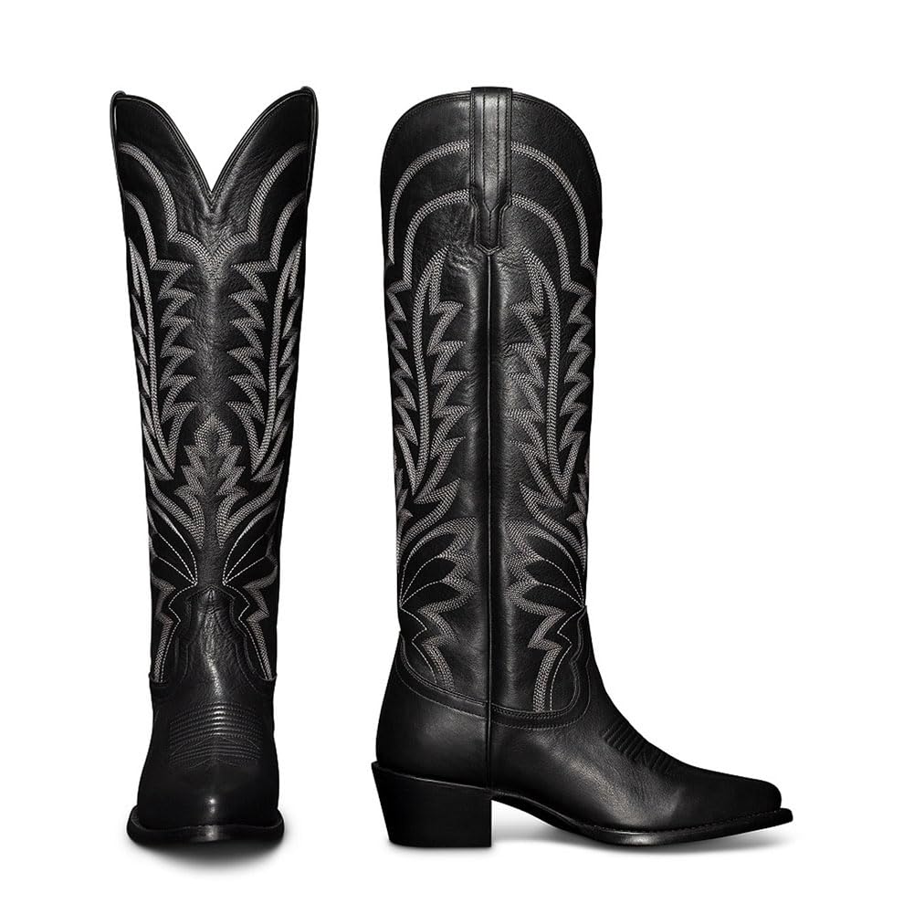Knee High Cowboy Boots for Women Pointed Toe Chunky Heel Pull on Western Cowgirl Boots