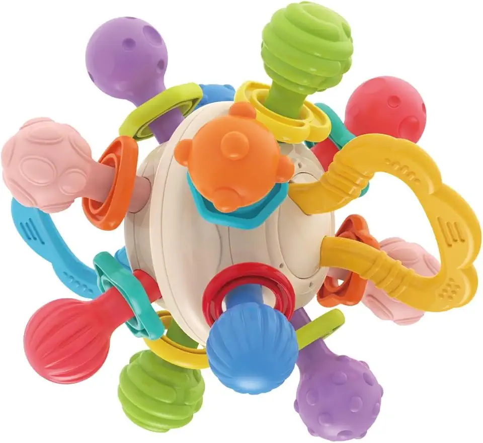 Chocalho Baby Mordedor Bebê Brinquedo Sensorial Montessoriano Atomic Ball Bola Atômica Flexível com Massageador e Atividades Sensoriais para Bebe