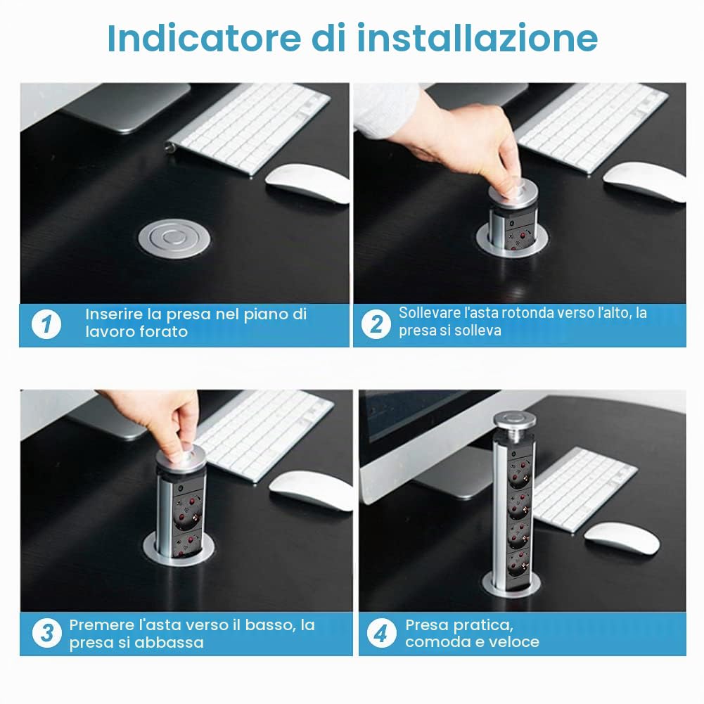 Presa a Scomparsa da Tavolo con USB, 4 Prese in Alluminio con Interruttore per Ufficio e Superfici di Lavoro