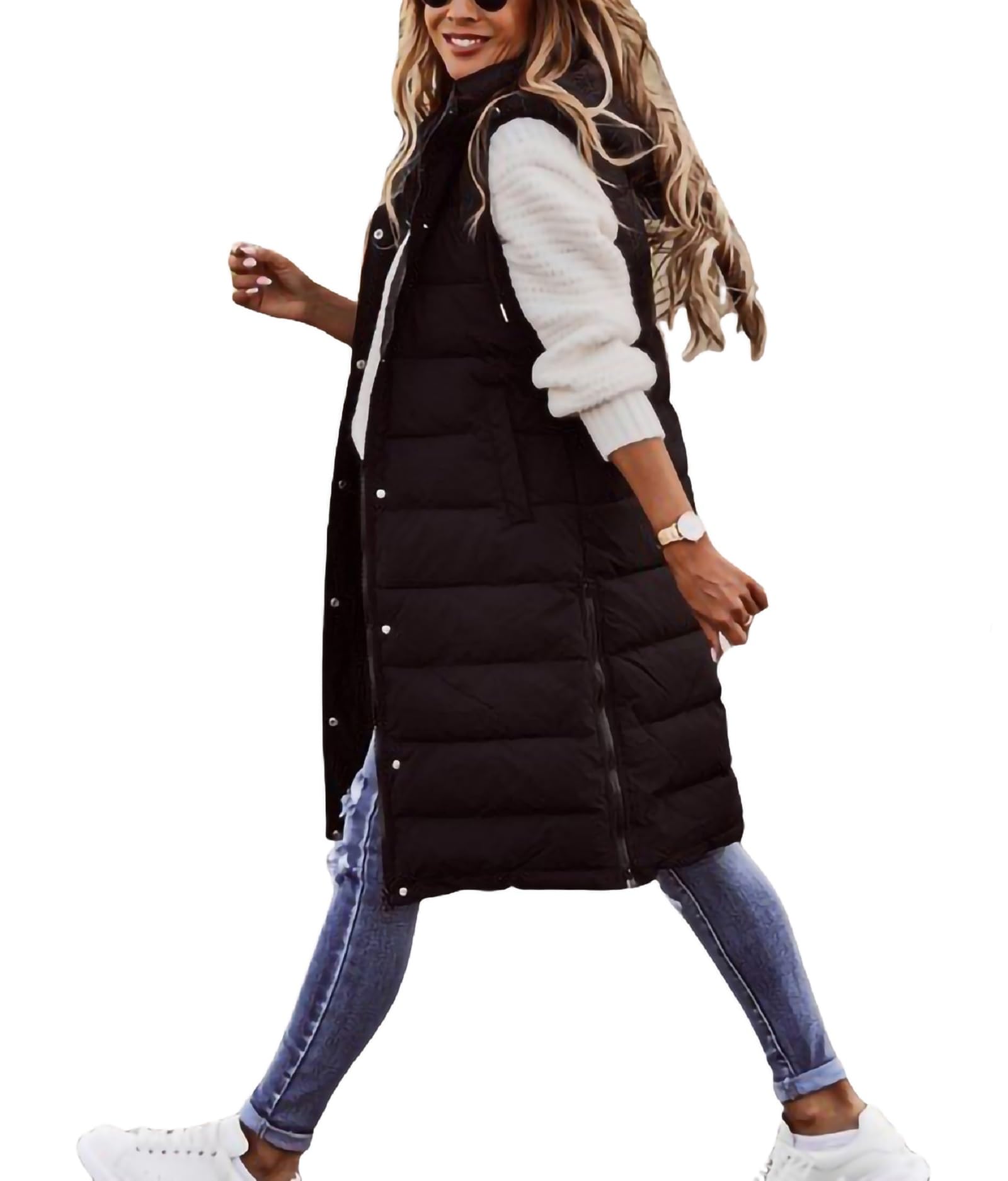 Hooded Plain Zip-Up Padded Long Vest main image 0