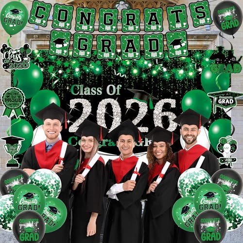 Image of DARUNAXY Green Graduation Party Decorations, Green Class of 2026 Graduation Banner, 2026 Congrats Grad Honeycomb Hanging Swirl Confetti Balloon Congratulations Graduates Party Supplies(25PC)