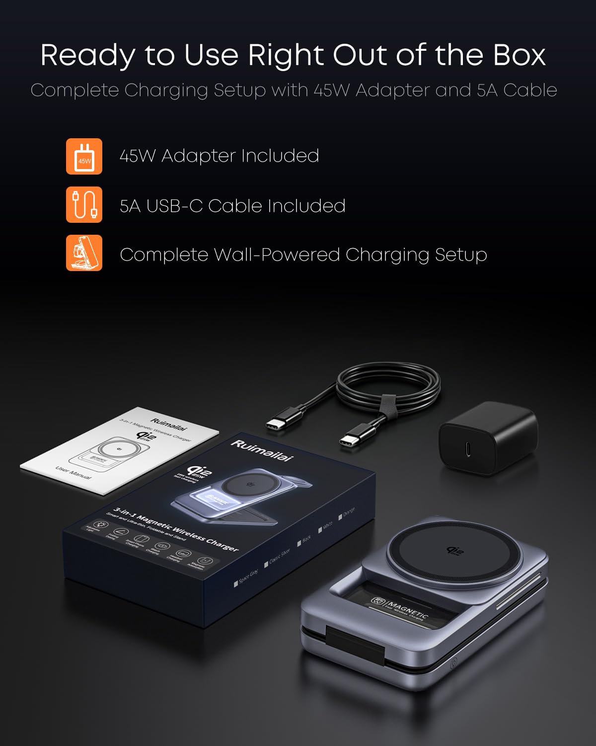 Qi2.2 25W 3-in-1 pieghevole caricatore senza fili magnetico per iPhone, luce notturna | Compatibile con iPhone 17/16/15/14/13/12, Apple Watch e AirPods, adattatore da 45 W + cavo 5A, custodia fino a 3 mm