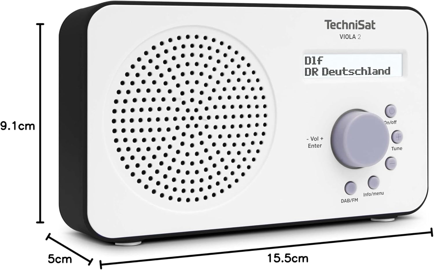 TechniSat VIOLA 2 radio with dimensions labeled: 15.5cm width, 9.1cm height, 5cm depth