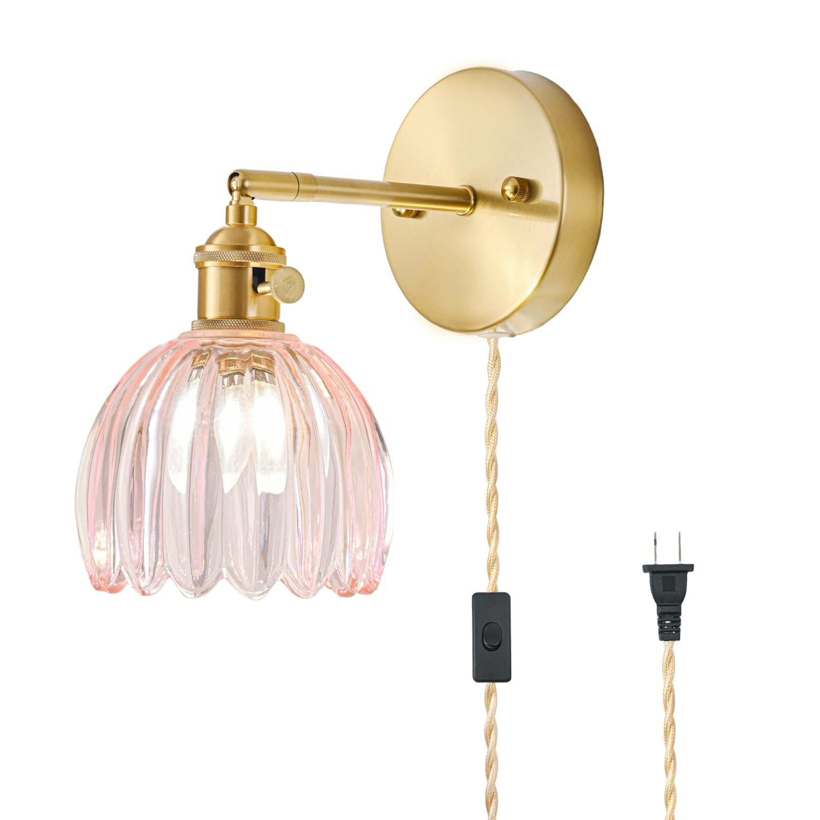 LINSEEDS Plug in Wall Sconce, Vintage Sconce Light with Tulip Pink Glass Lampshade, Bedside Wall Sconce with Switch and Plug in Wall Lamp Cord, Gold Wall Light for Bedroom — image 1