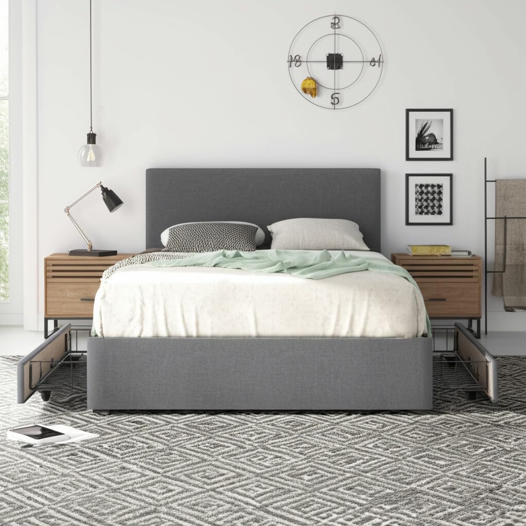 Panana Linen Fabric Bed Frame with 2 Drawers Storage and Adjustable Height Headboard, No Mattress (Plain Grey, 6FT Super King)