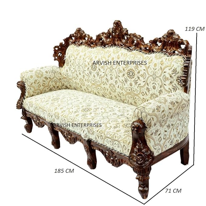 Image of Luxury Antique Sofa Set in a Classic Living Room Setting Solid Teak Wooden Five Seater Sofa Set with Cushion for Living Room | Honey Brown Finish | 208D x 76W x 119H cm (Design11)