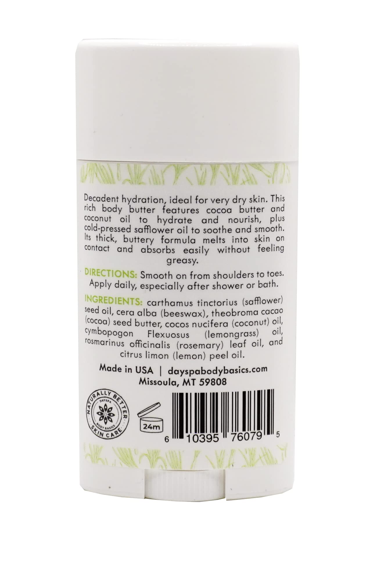 DAYSPA Body Basics Lemongrass Organic Body Butter - 24 Hour Intense Hydrating Moisturizer to Nourish and Restore Skin, Hypoallergenic, All-Natural, Plant-Derived, Made in USA