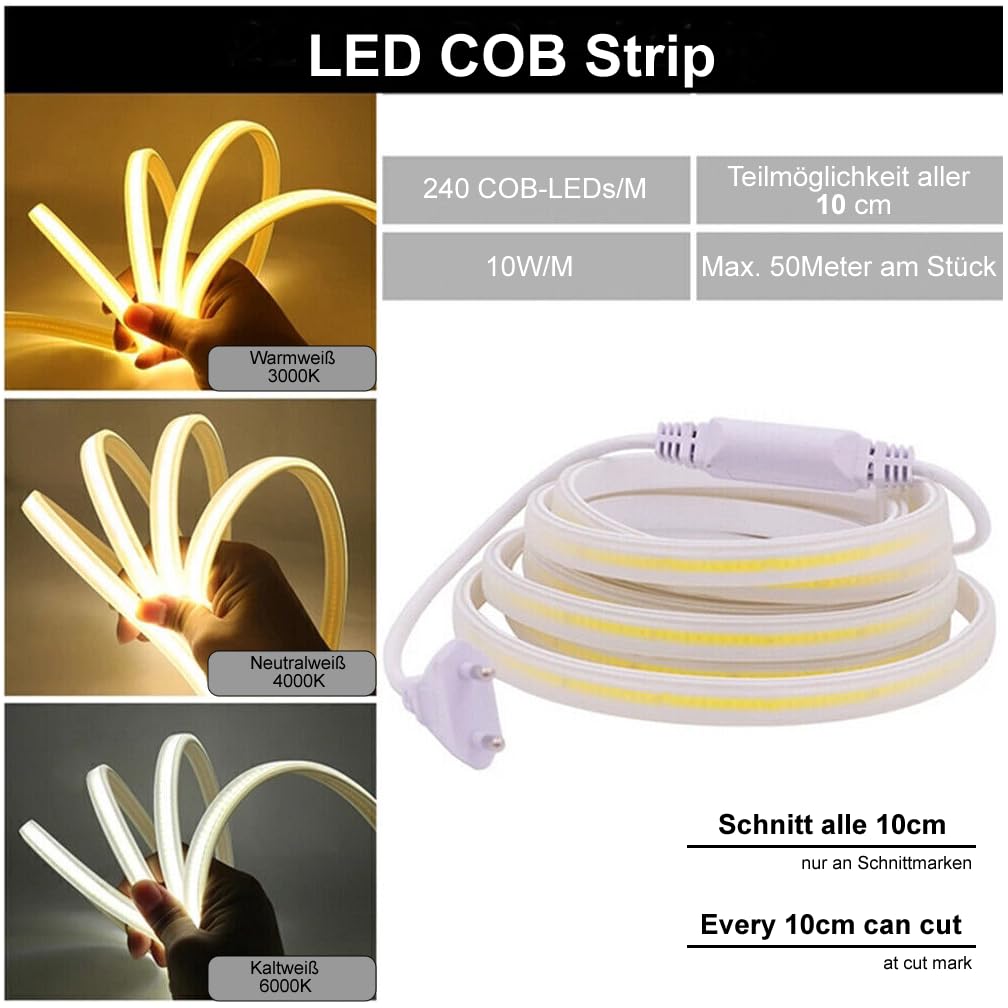 Taśma LED COB Strip (możliwość podziału wszystkich 10 cm) + przewód zasilający IP20 z wtyczką Euro. (neutralna biel, 240 LED/M, bez przełącznika, 10 metrów)