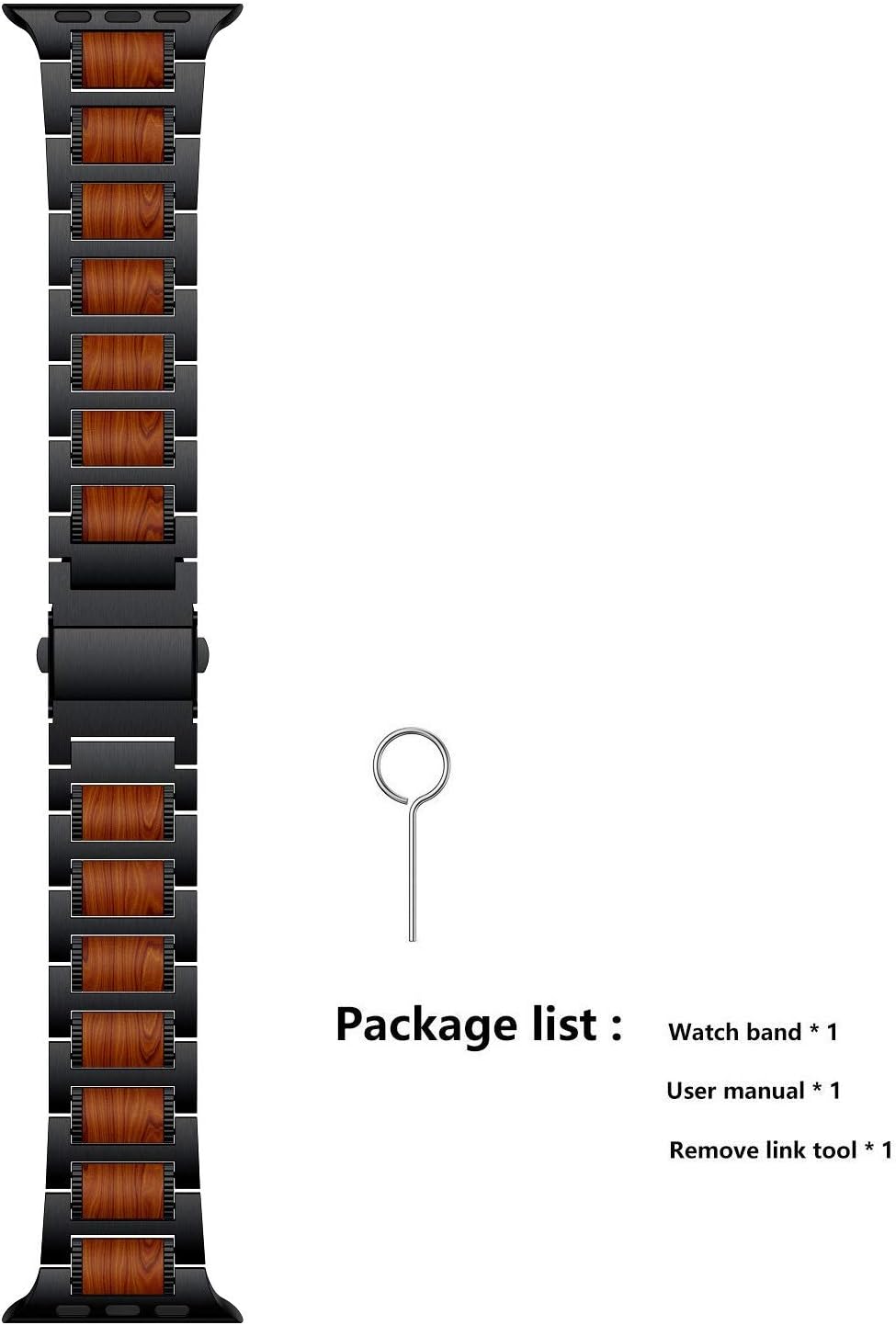 Compatible for Apple Watch 49mm 45mm 44mm 42mm Bands, Red Sandalwood Wood Stainless Steel Replacement Wrist Strap for Apple Watch Ultra & SE Series 8 7 6 Series 5 4 3 2 1 Watch Bands-Black - Image 6