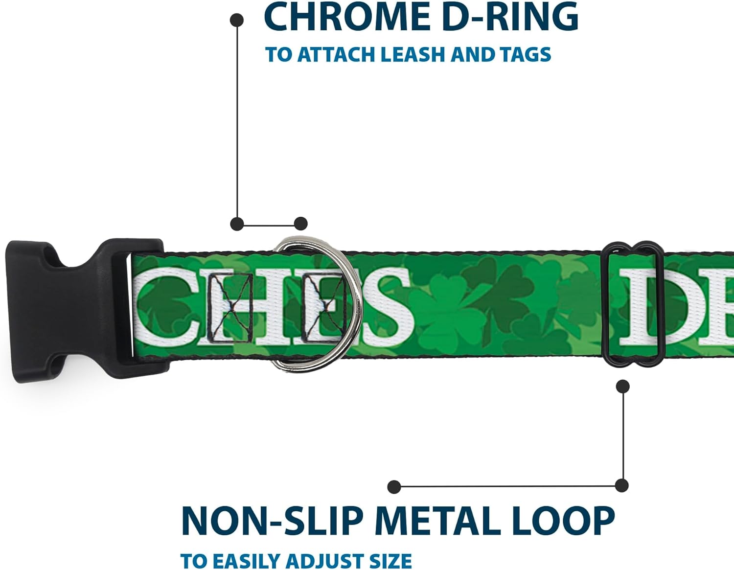 Plastic Clip Collar - St. Pat's Drink UP Bitches Stacked Shamrocks Greens White - Wide-Small 13-18"