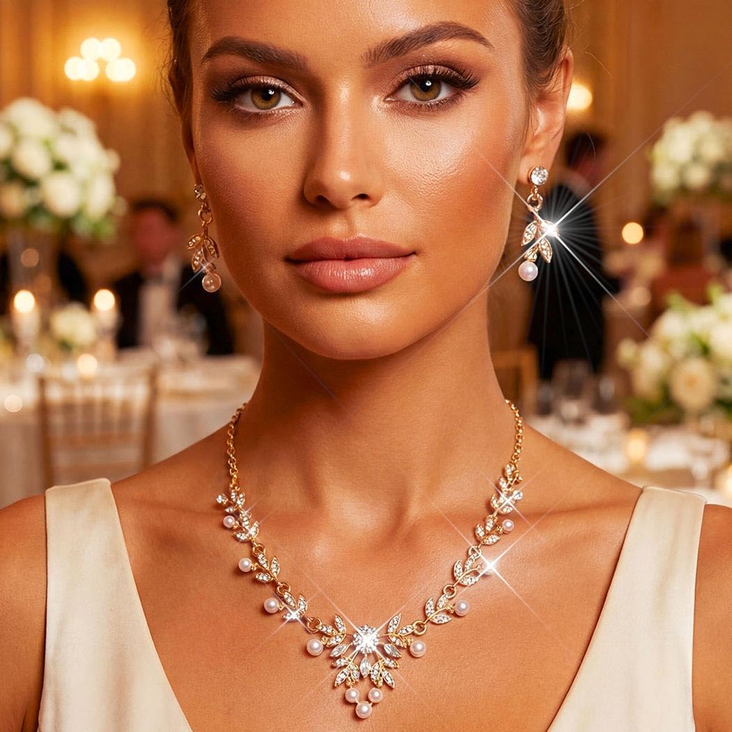 Aukmla Rhinestone Wedding Jewelry Sets for Brides and Women Pearl Necklace and Earring Set Prom Jewelry - Image 5