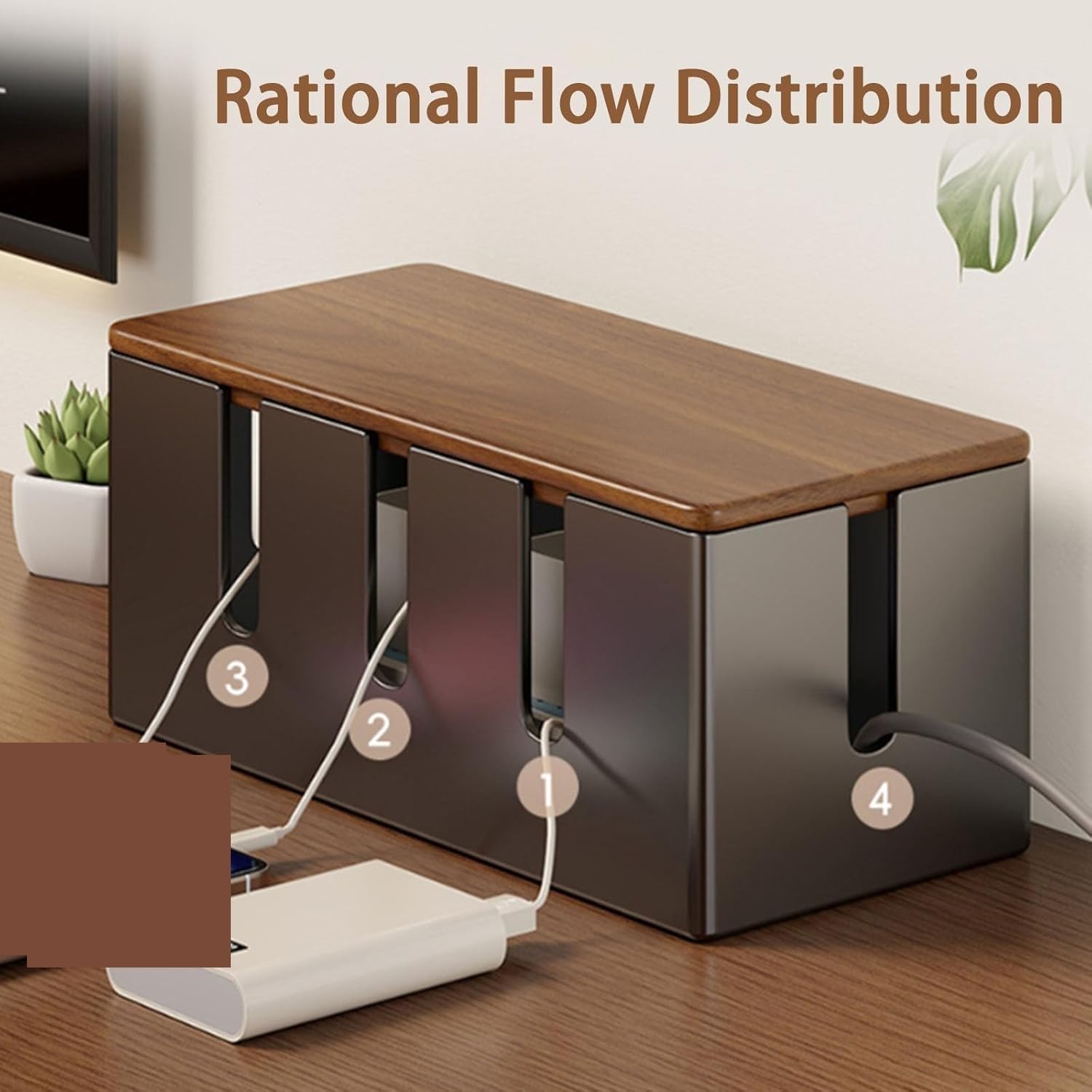 Kabelmanagementbox, Steckdosenleiste, Kabelmanagementbox aus Metall und Holz, 30,5 x 14 x 14 cm, Mehrfarbig(White+Natural Wood Color)