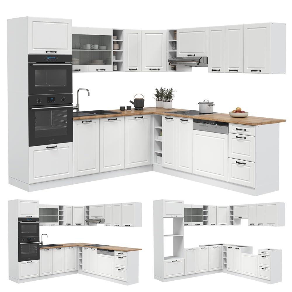 Vicco Cucina angolare completa R-Line Bianco country/Bianco 247x237 cm | senza piano di lavoro, per disposizione flessibile ed espansione modulare