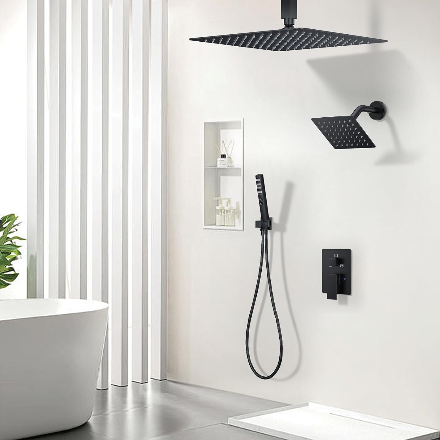 Shower Faucet Set, Ceiling Mount Shower System 12-inch & 6-inch Dual Shower Head Set with 2 in 1 Handheld Spray Rain Shower Faucet Head with Rough-in Valve and Shower Trim Kit, Matte Black