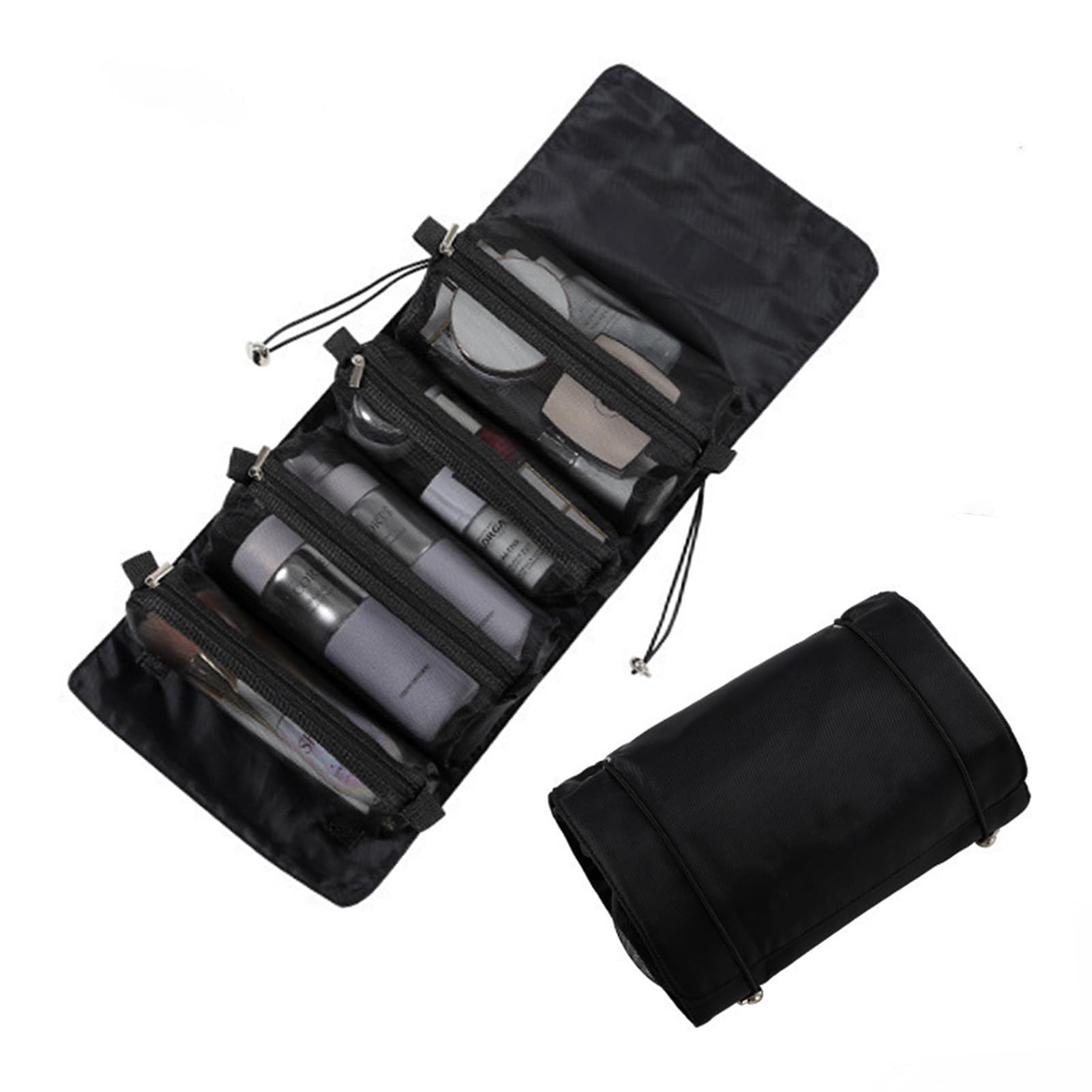 Brrnoo 4 in 1 Detachable Cosmefic Bag, Roll Up Makeup Storage Organizer Bag Toiletry Bag, Folding Cosmetic Travel Bags with for Gym Camping Grooming (Black)