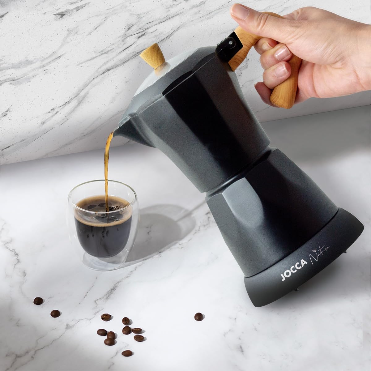Jocca Cafetera Italiana Eléctrica 6 Tazas Base giratoria 360º Apagado automático Negro
