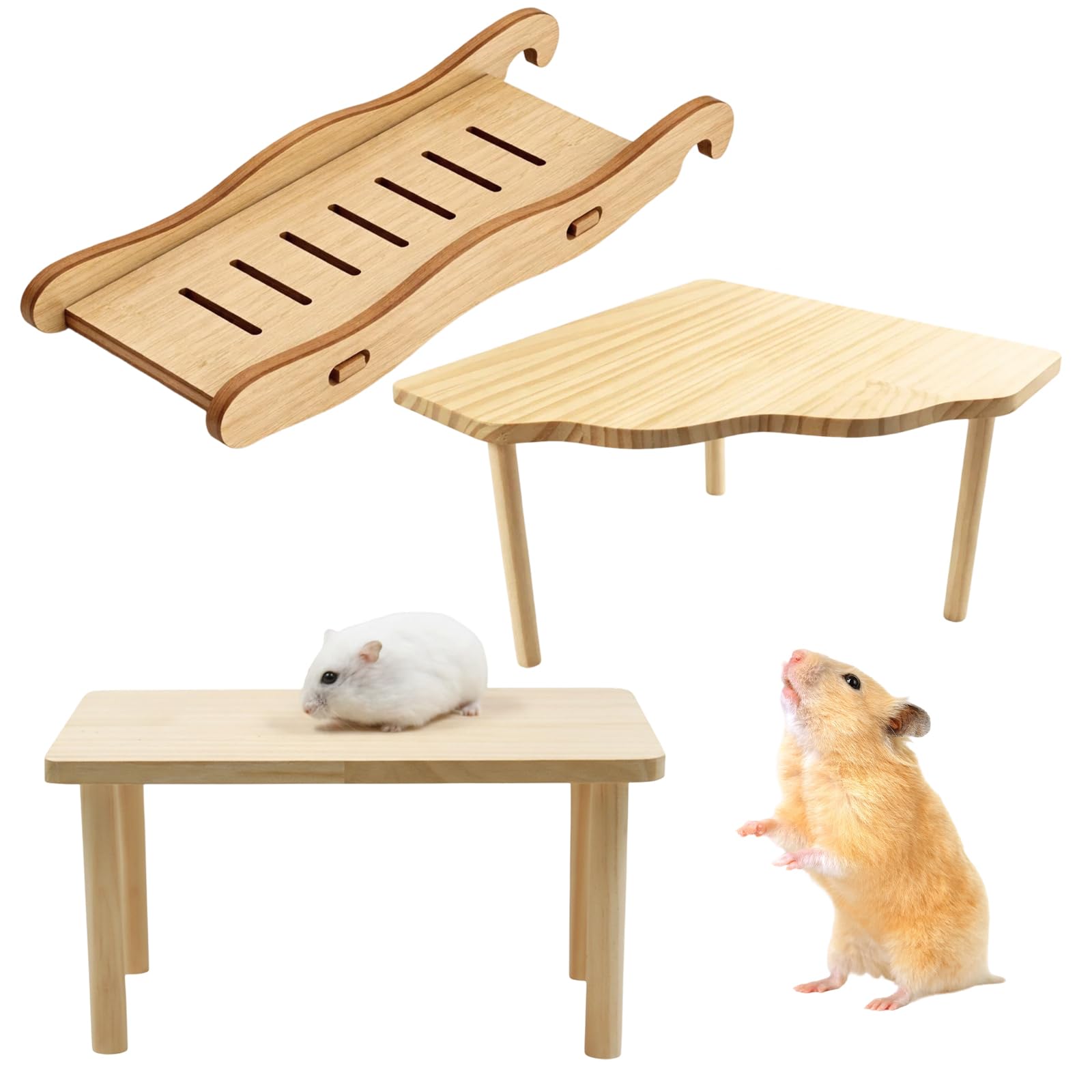 YcsRnn Hamster Platform, Multi-Level Habitat Enrichment, Solid Wood Cage Platform Set with Wave Ladder and Fan Table, Suitable for Syrian Hamsters and Small Pets