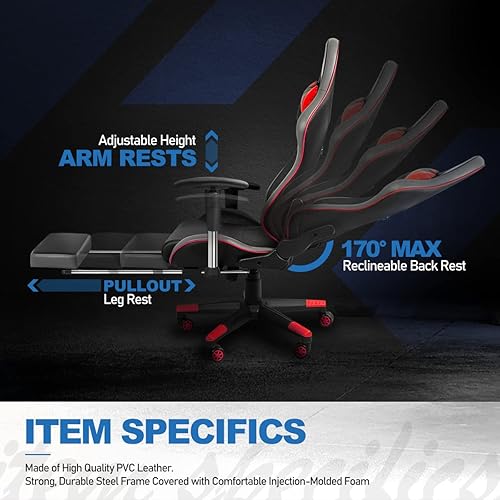 Miniatura 12 de DNA MOTORING RSC-G100BL RSC-G100BL - Asiento para silla de videojuegos, reposabrazos ajustable, reposapiernas extraíbles, soporte lumbar, almohada