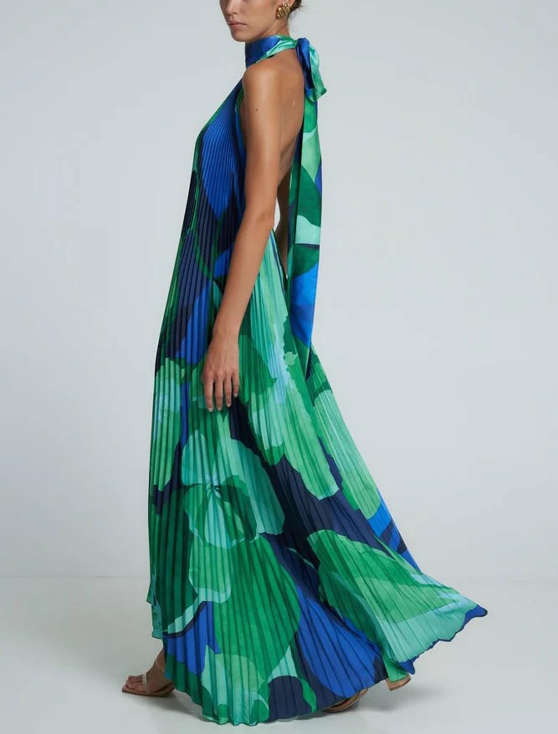 GGUHHU Womens Color Block Floral Maxi Halter Dress Hollowed V-Neck Backless Accordion Beach Dresses - Image 3