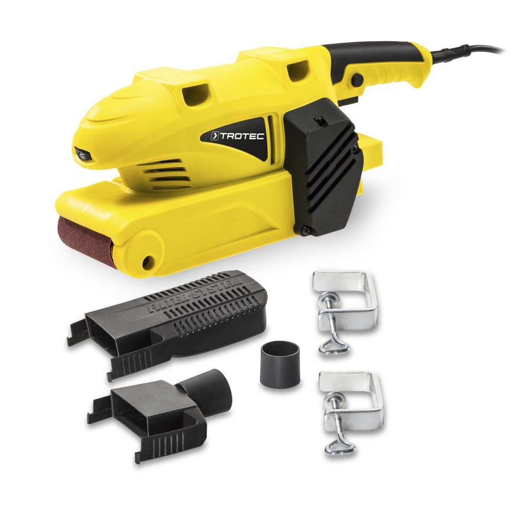 TROTEC Lijadora de banda PBSS 10-600 Lijadora electrónica de banda (600 W, papel de lija: 75 x 457 mm, incl. caja de recogida de polvo y el adaptador para una aspiradora externa)