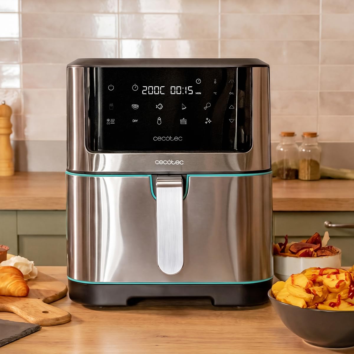 Cecotec Frytkownica na gorące powietrze Cecofry Supreme 8000 Hot. pojemność 8 l, 1800 W, konstrukcja ze stali nierdzewnej, sterowanie dotykowe, 10 programów, 30-200 stopni, funkcja Pre-Heat i