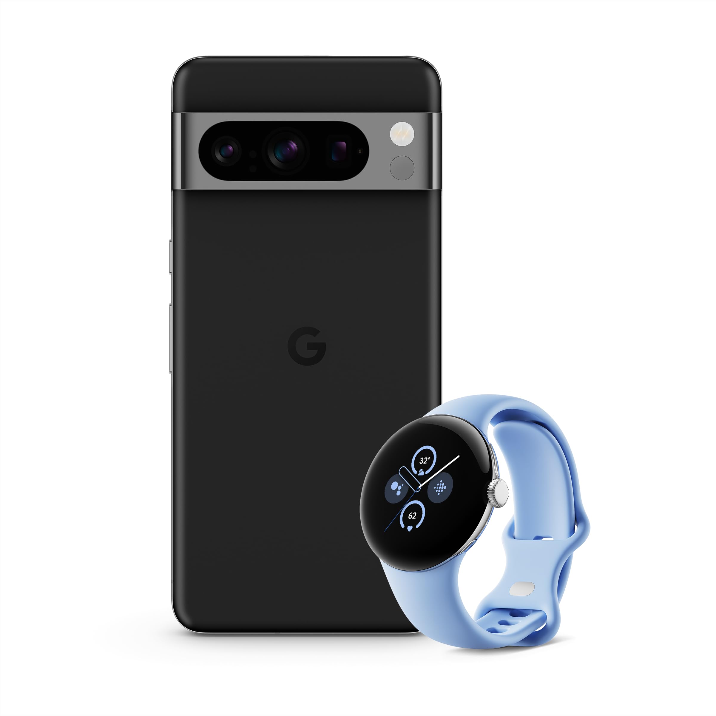Google Pixel 8 Pro Obsidian, 256GB + Pixel Watch 2, Polished Silver Aluminium, Bay Active Band – Wi-Fi
