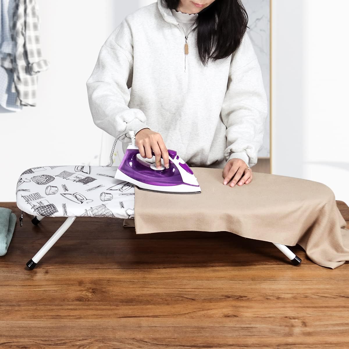 Duwee 13"x36"Table top Ironing Board with Thicken Felt Padding, Heat Resistant Cover,Stainless Steel Hook,Extra Long Ironing Area