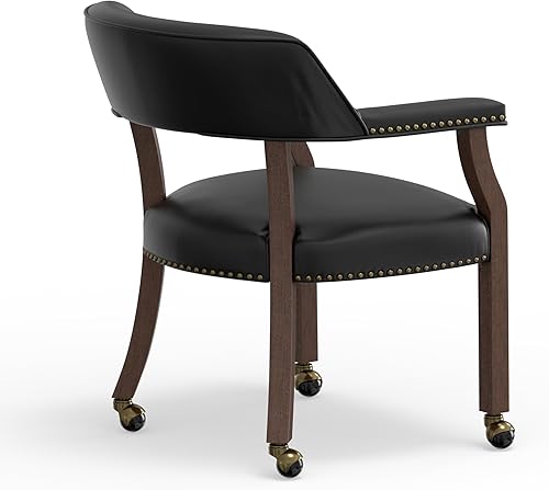 Miniatura 8 de Juego de 1 sillas de comedor con ruedas y brazos, silla giratoria de piel sintética marrón nogal con ruedas, silla acolchada de cocina y mesa de