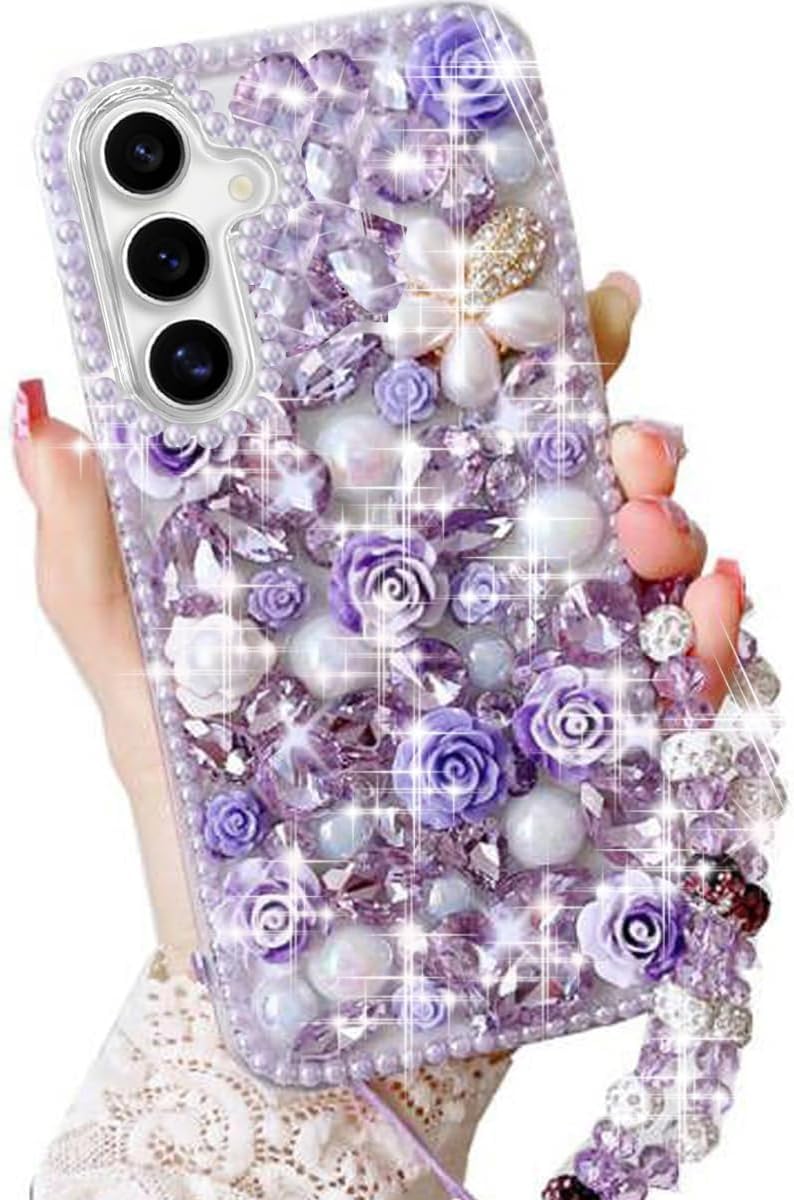 Changjia for Samsung Galaxy A17/A26 5G Glitter Bling Case,Cute Luxury 3D Sparkle Crystal Rhinestones Flowers Diamond Pearl with Lanyard Wrist Strap Women Girls Phone Case for Galaxy A17 5G 6.7",Purple
