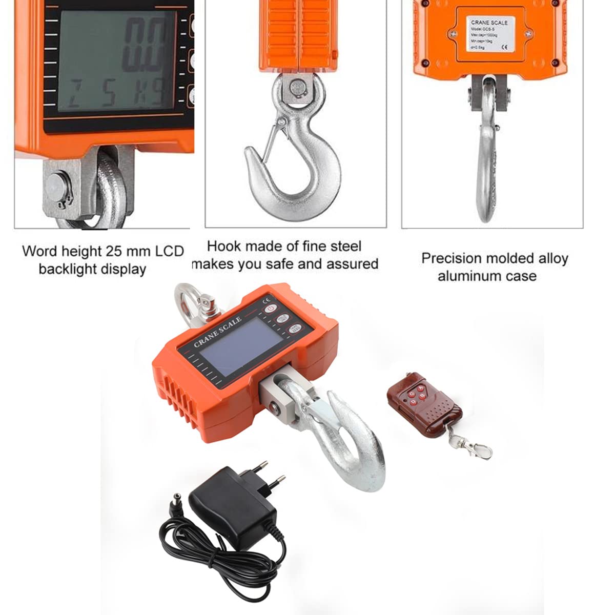 1000kg Elektronische Kranwaage Hängewaage Digitalgewicht Industriell Kranwaage mit Fernbedienung & professionellem Haken zum Aufhängen Hochleistungs-Hängewaage Crane Maßstab