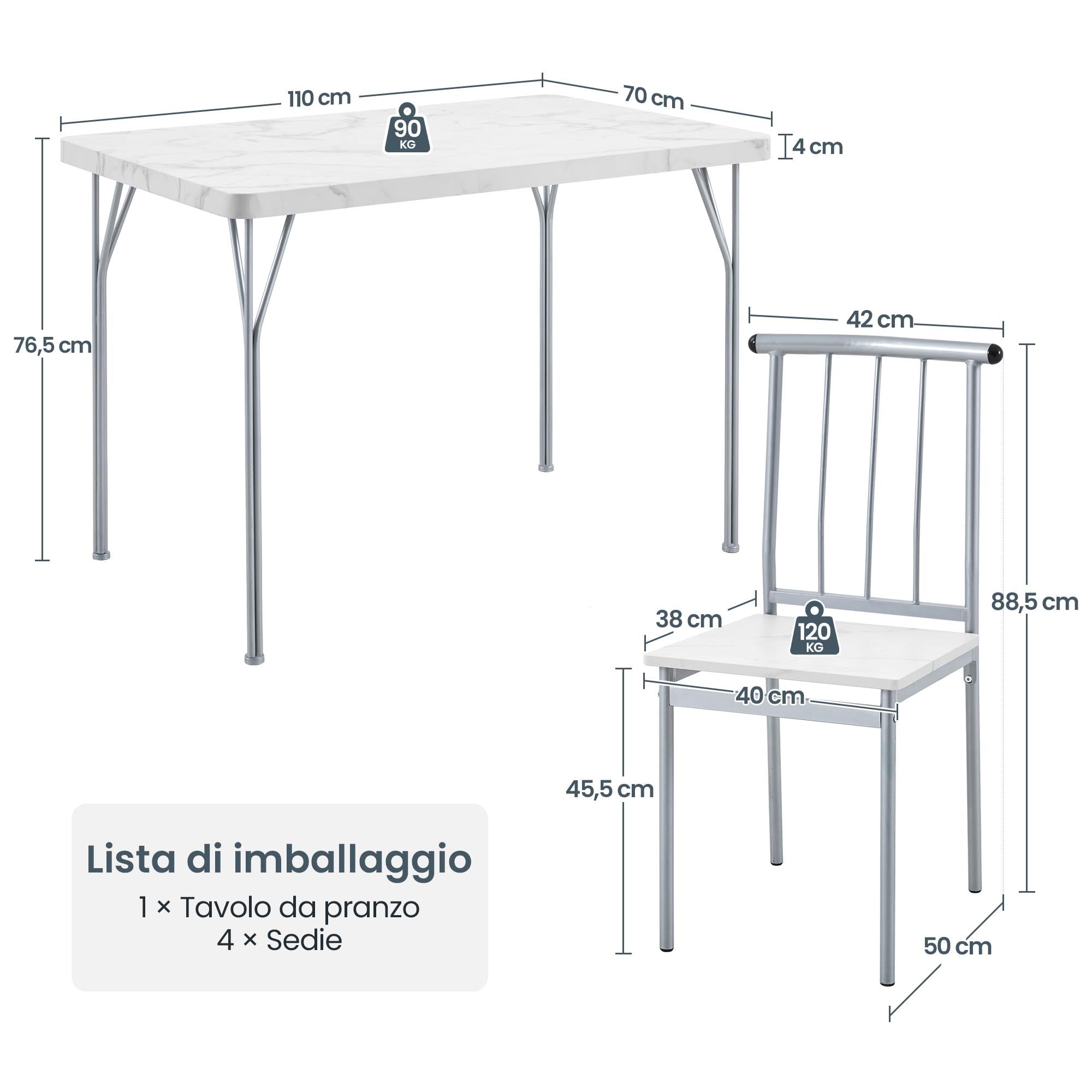 Tavolo da Pranzo con 4 Sedie, Set 5 Pezzi in MDF e Metallo per Sala da Pranzo, Cucina, Bar e Soggiorno per 4 Persone Bianco