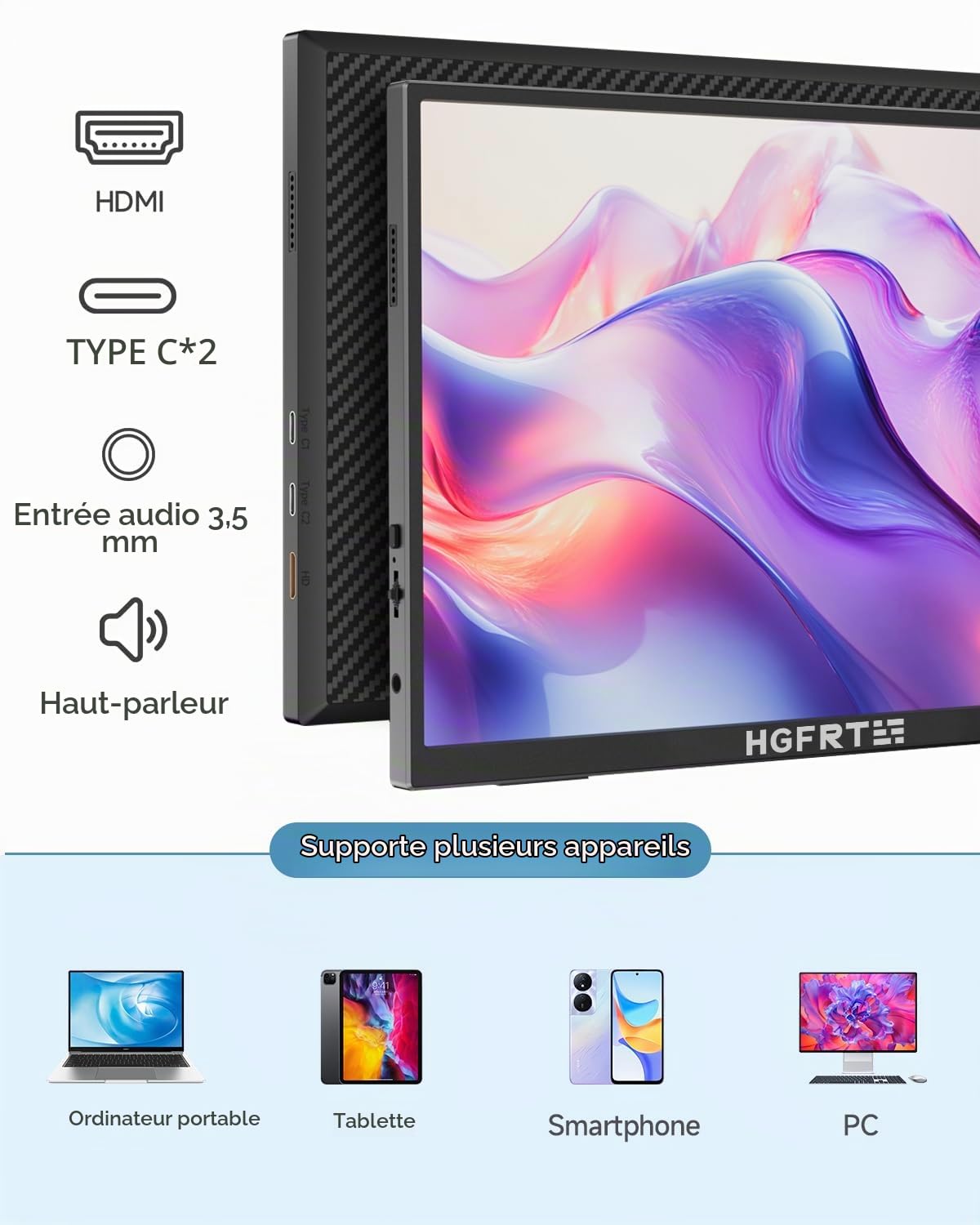 Moniteur Portable 12,3", 1920×1280 FHD IPS Mini Écran PC, 15:10, sRGB 100%, 60Hz, Haut-parleurs, USB-C, Mini-HDMI, VESA, Écran PC Portable Additionnel pour Gaming & Travail (sans Tactile)