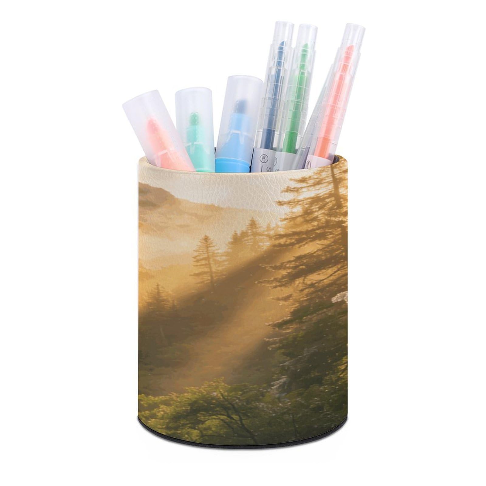 LZQPOEAS Misty Forest Mountain Pen Holder for Desk Organizer Modern Minimalist Storage Case Round PU Leather Pencil Holder