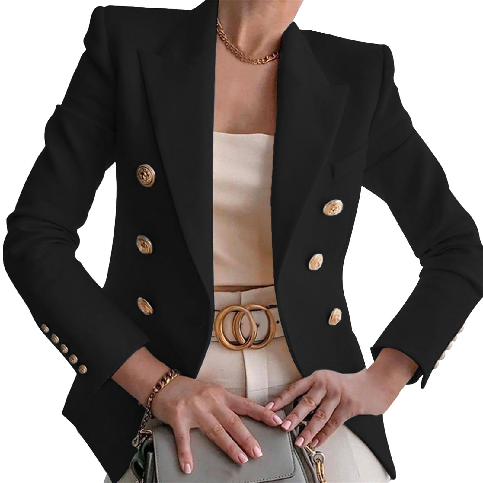 Womens Casual Blazer Jacket Gold Button Long Sleeve Double Breasted Fitted Blazers Vintage Lapel Work Office Suits