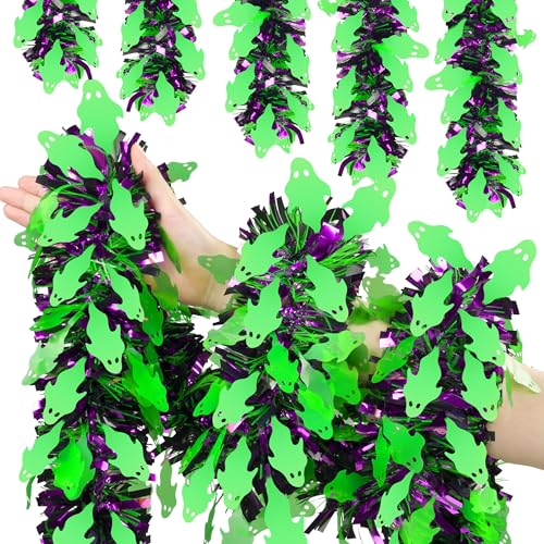 Image of 50 FT Halloween Tinsel Garland, Thick Glitter Tinsel Garland Hanging Streamers Green Ghost Metallic Holiday Tinsel Hanging Oranment for Halloween Party Supplies Indoor Outdoor Decoration