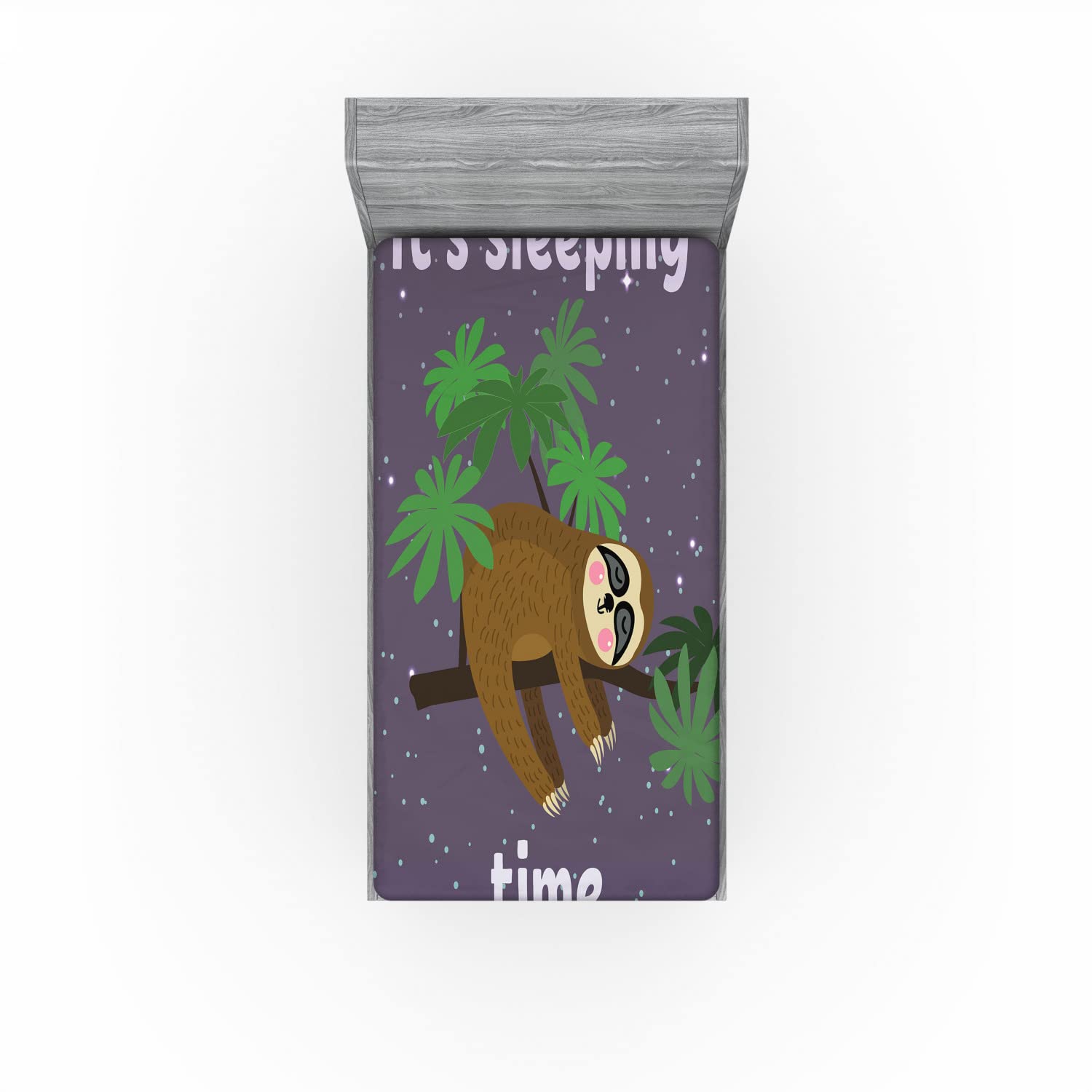 Ambesonne Sloth 2 Pack Fitted Sheet, Sleeping Time Wording Cartoon, Bed Cover All-Round Elastic Deep Pockets 2 Pieces, Package Contains 2 Twin Size Fitted Sheets, Plum Brown